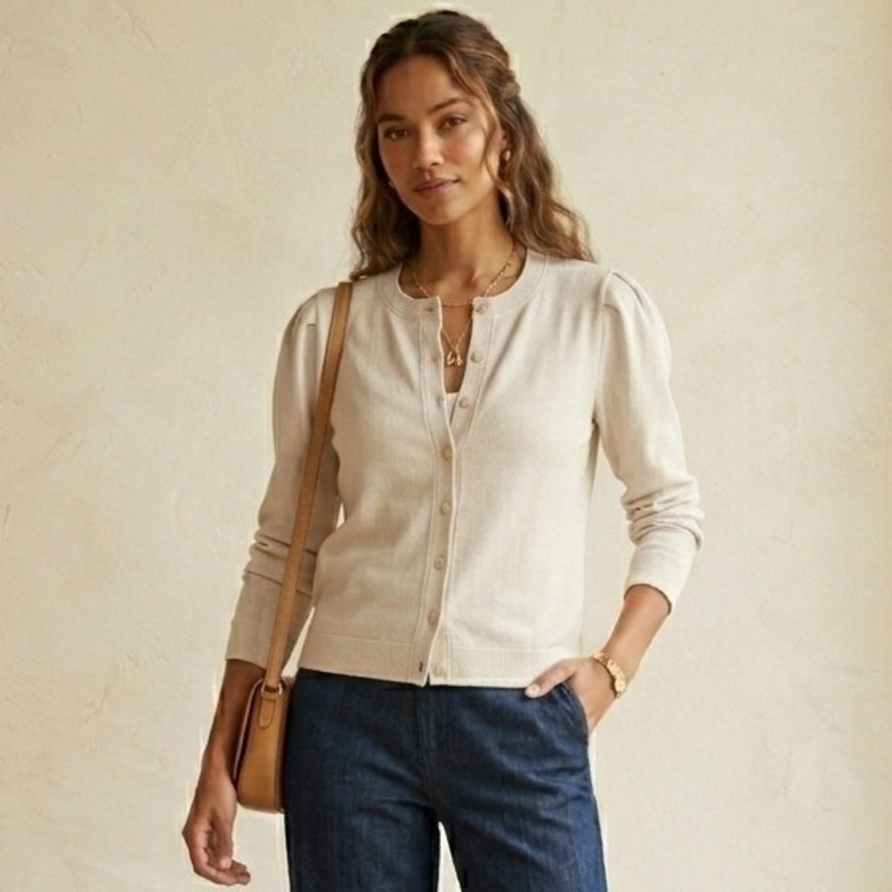 AMO Ribbed Cardigan Women Small Cream Puff Sleeve Cotton Button‎ Up Minimalist